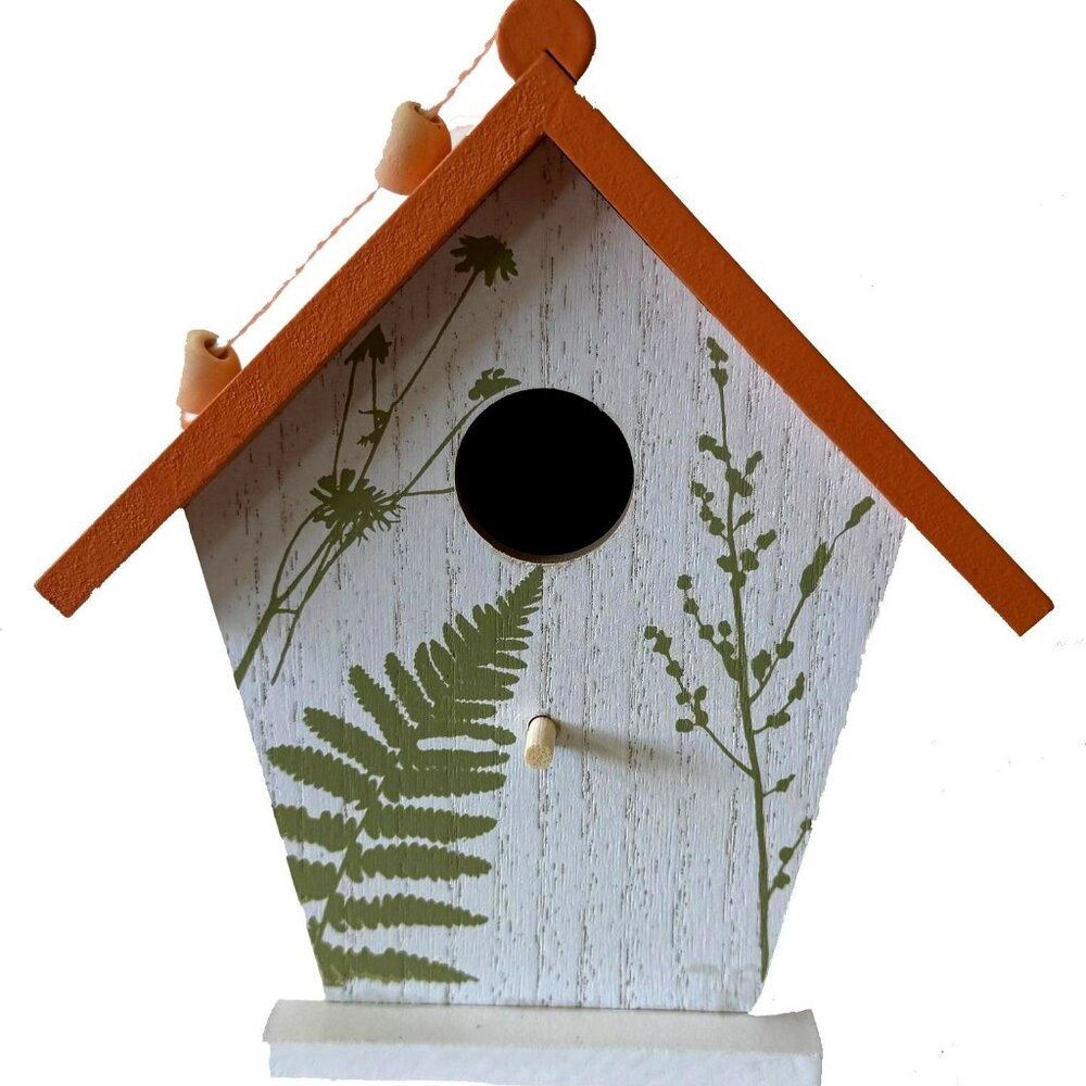 Bird House with Decorative Leaf Design and Orange Roof